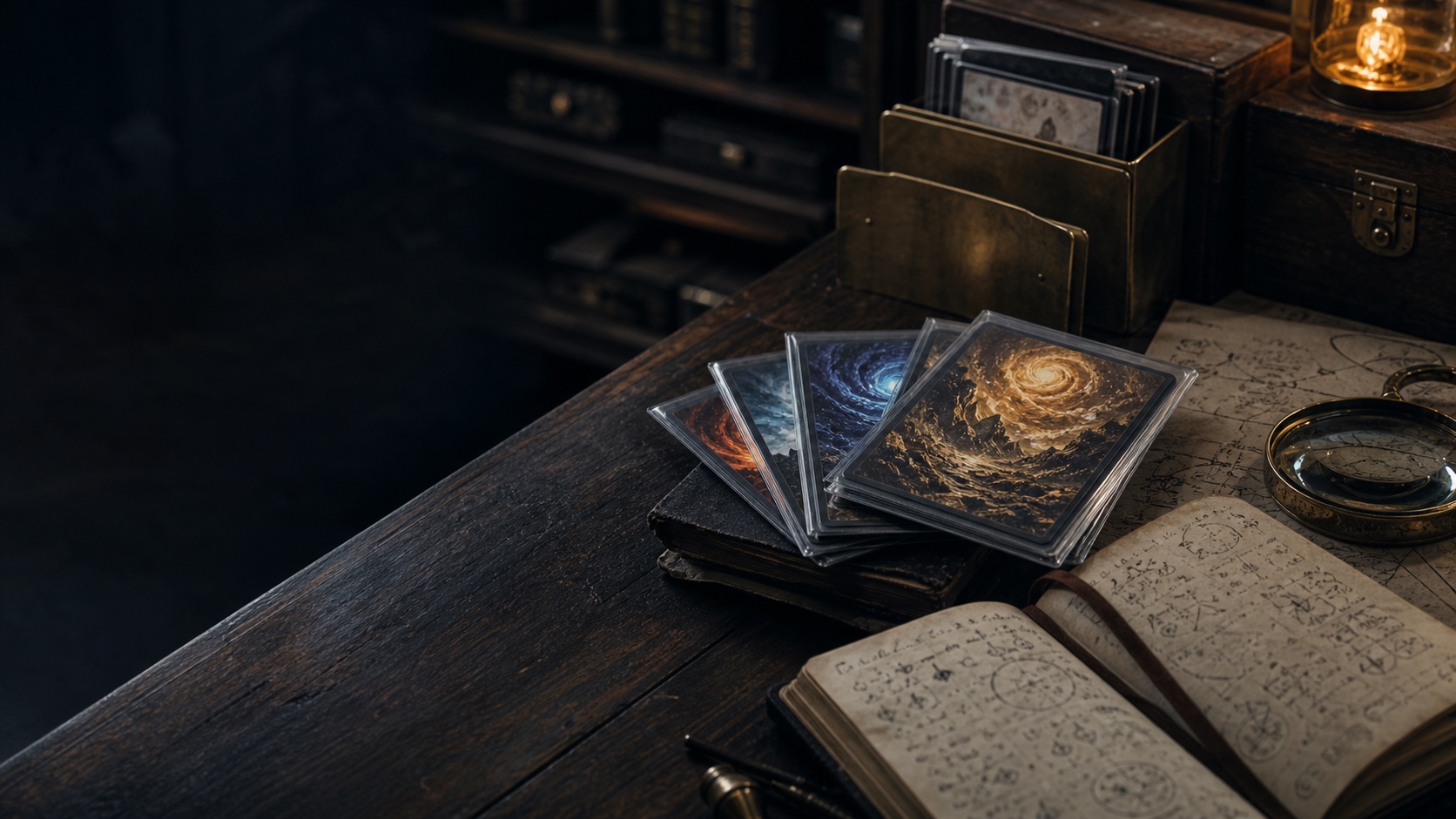Tavolo da gioco con carte fantasy originali, quaderno e lente